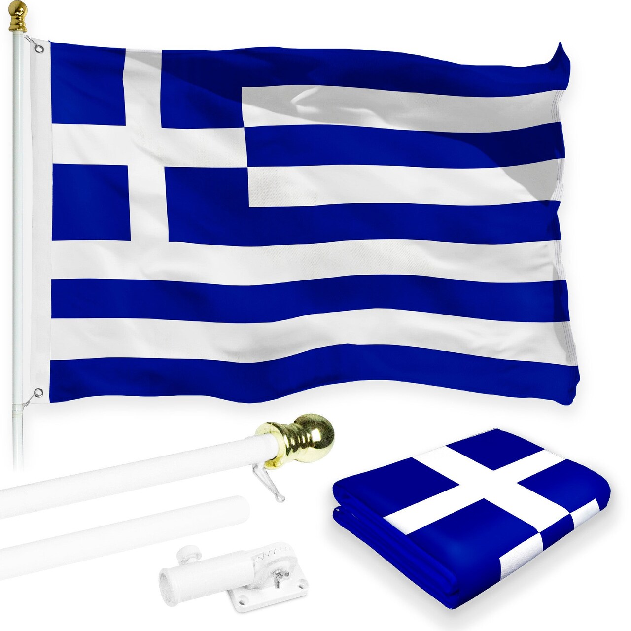 G128 Combo Pack: 6 Feet Tangle Free Spinning Flagpole (White) Greece Greek Flag 3x5 ft Printed 150D Brass Grommets (Flag Included) Aluminum Flag Pole
